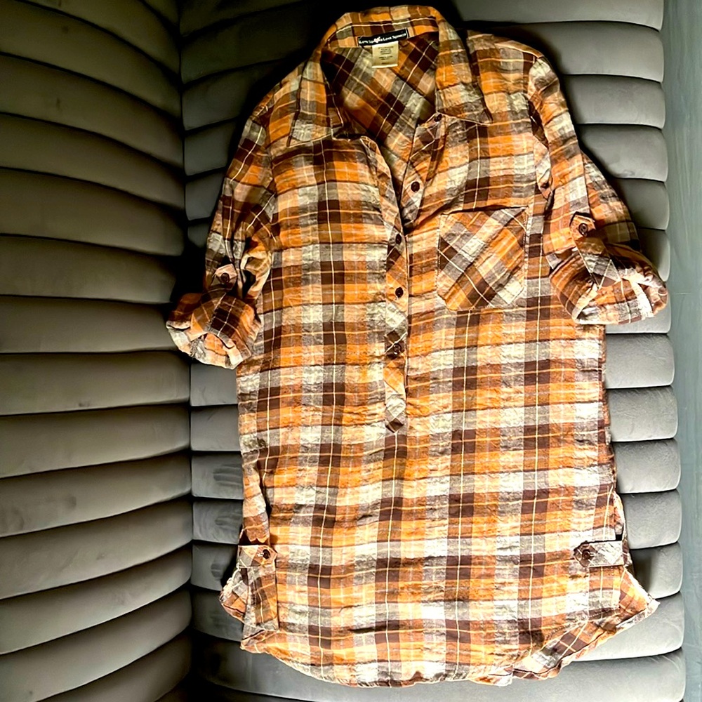 Small plaid shirt cotton tunic top  small S long tee shirt t-shirt orange brown